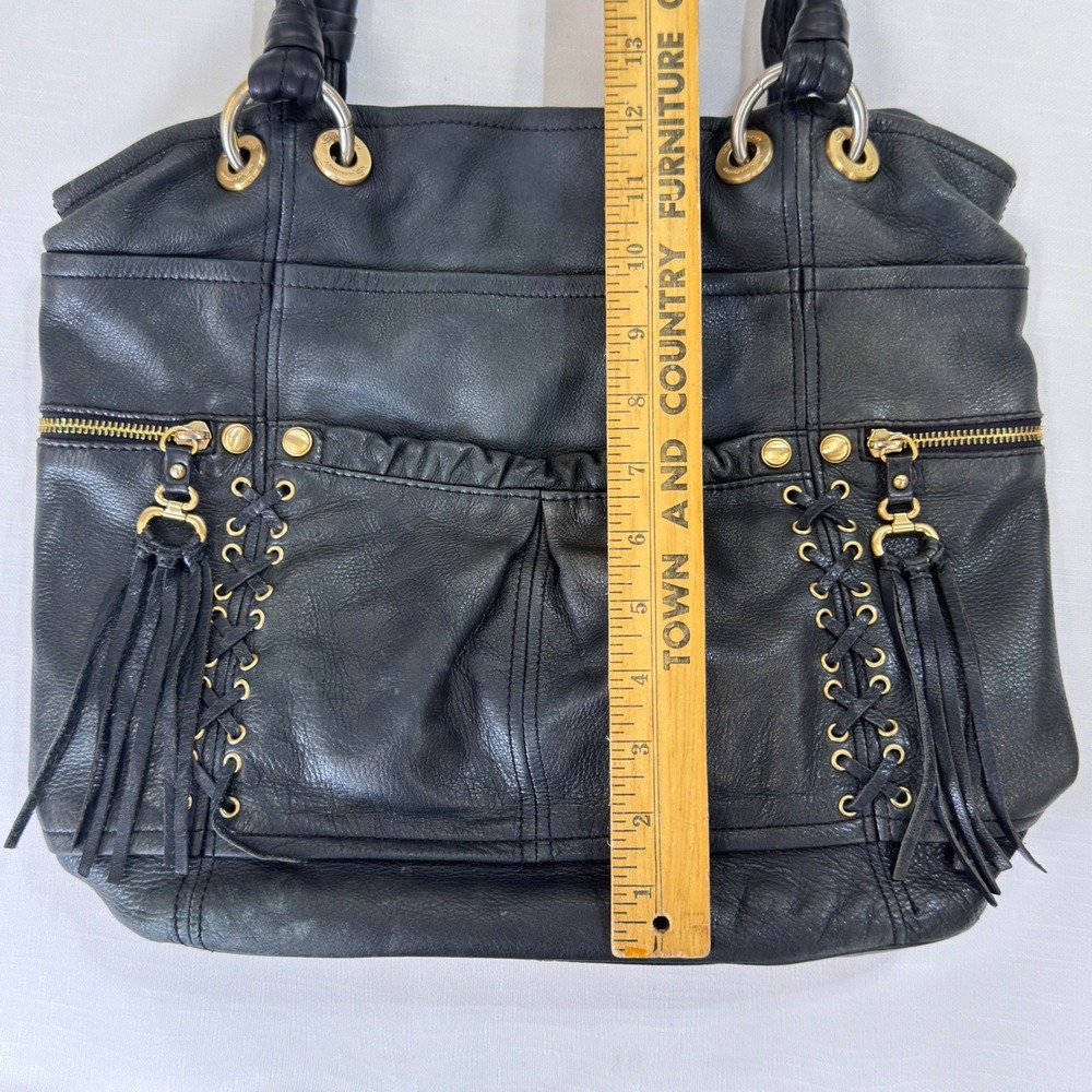 B. Makowsky Black Leather Shoulder Bag Lace Up Tassel Gold Hardware Tote - Picture 12 of 12